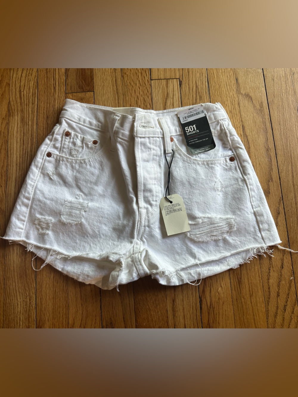 Levi's White 501 Distressed Denim Shorts